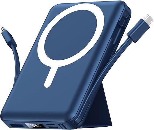 Batterie Externe Magnétique Azmuth 10000mAh MagSafe – Power Bank Sans Fil 20W PD avec Câbles Intégrés, Support Pliable et Écran LED